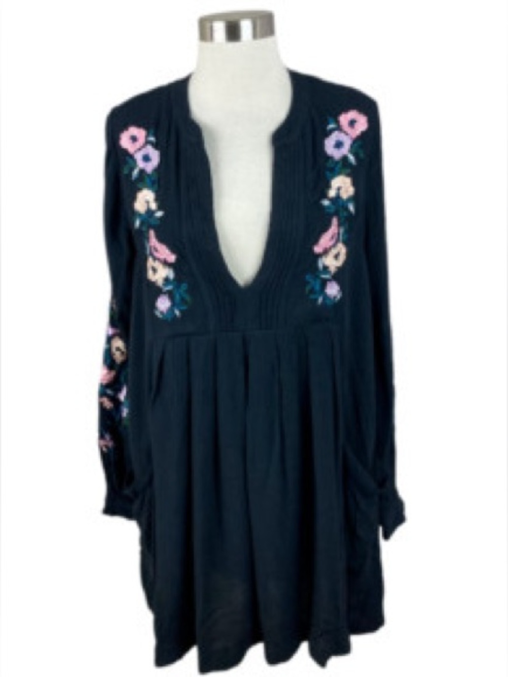 Free People Mia V Neck Gauze Floral Embroidered Tunic Dress w/ Pockets Size S